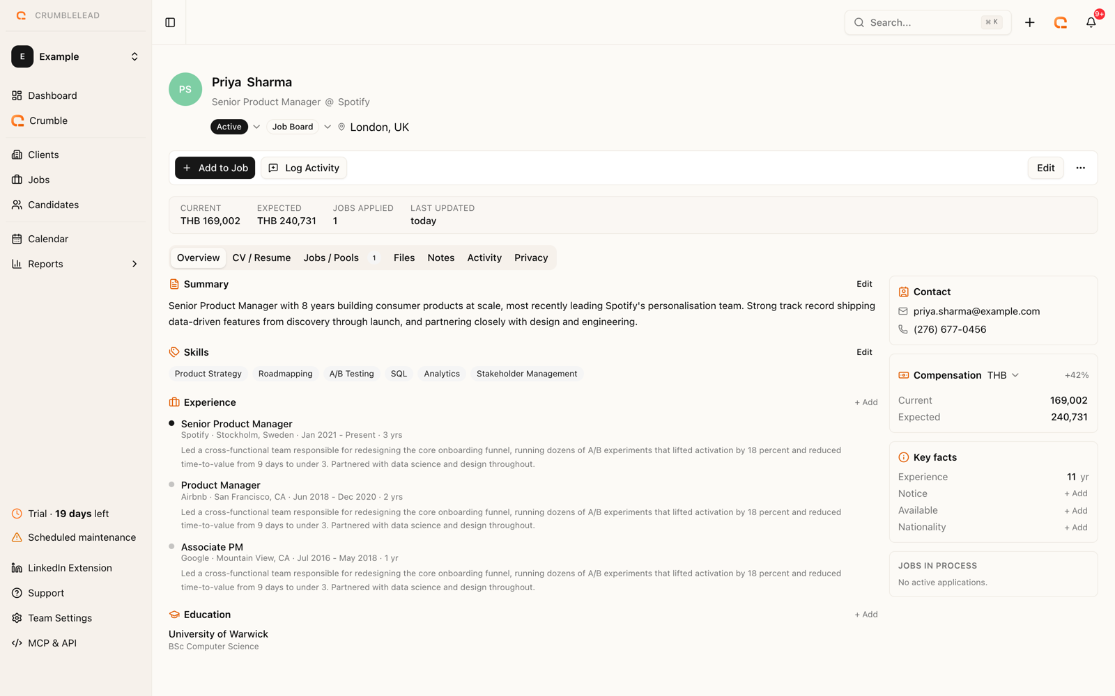 A candidate profile in Crumblelead with skills, experience and education parsed from their CV