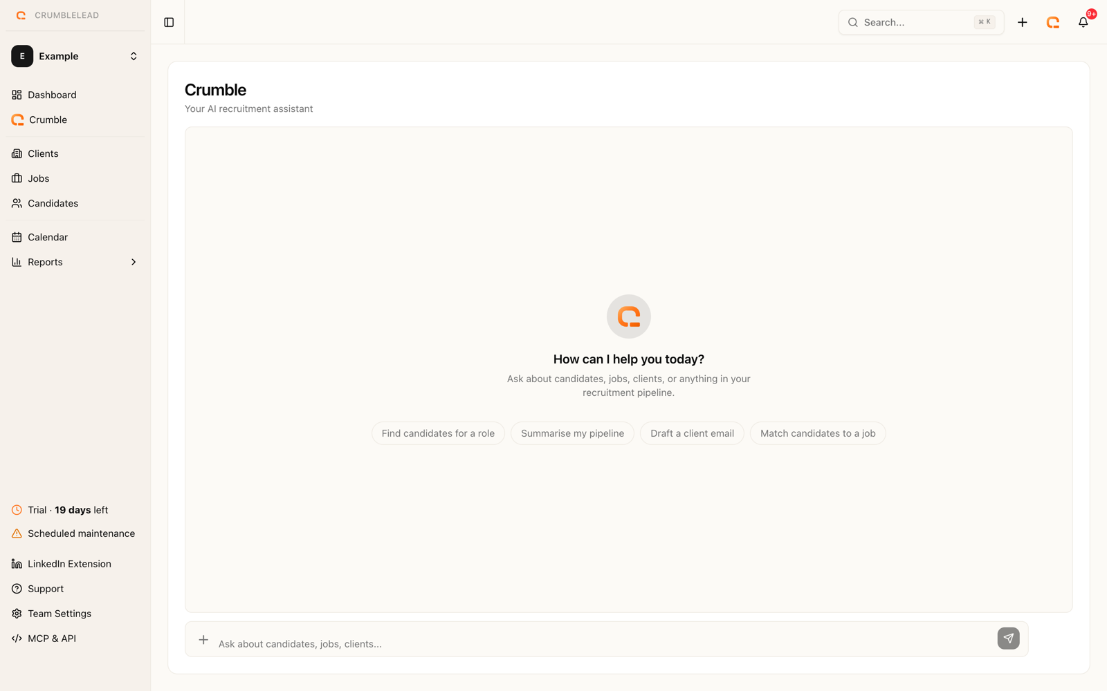 The Crumble AI assistant in Crumblelead, ready to answer questions about your candidates and pipeline