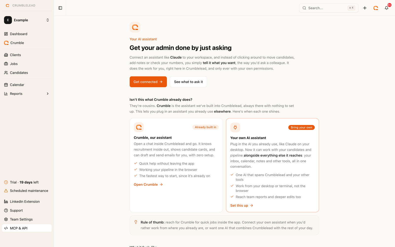 Connecting an AI assistant to Crumblelead from the MCP setup page