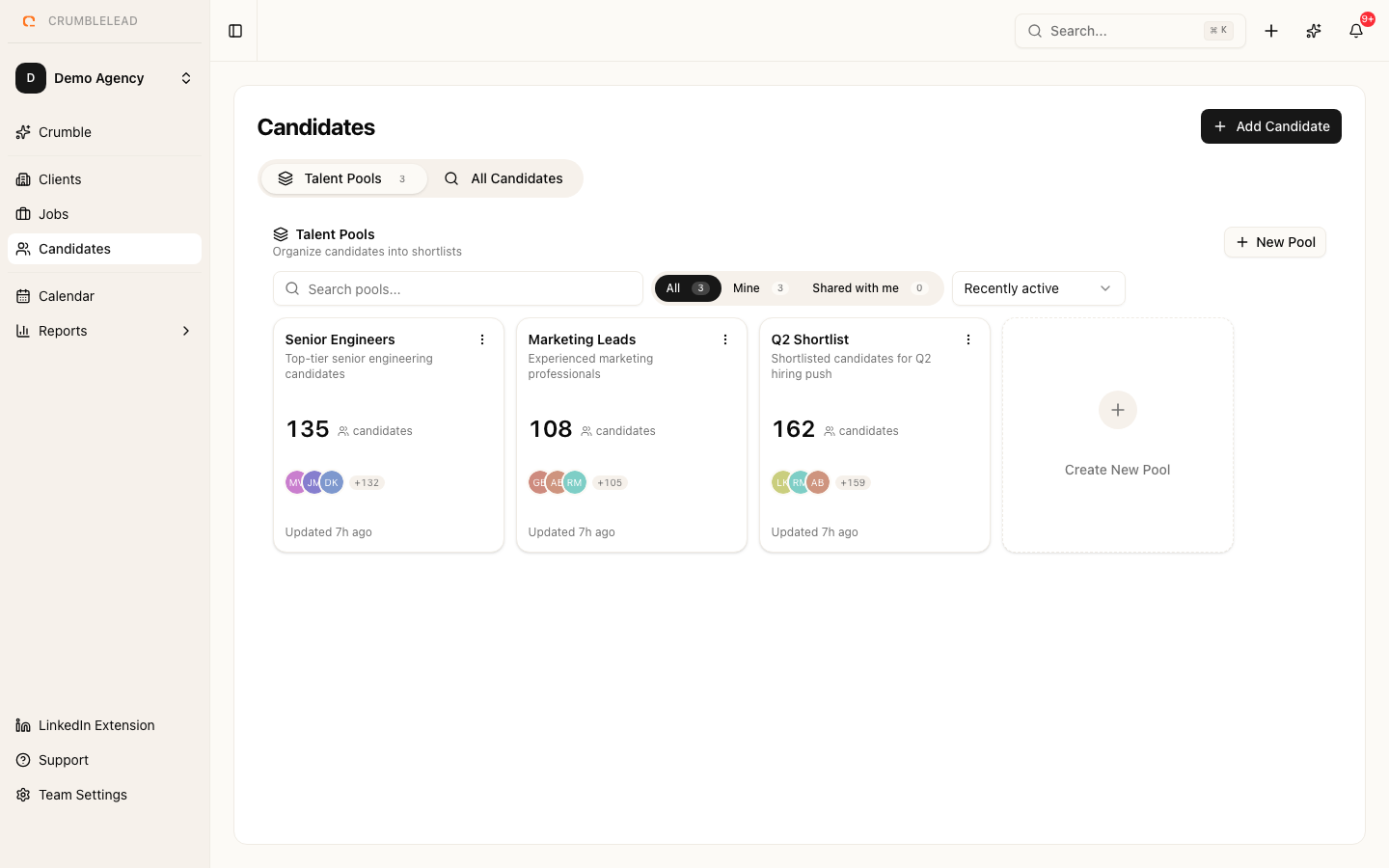The Crumblelead candidates list, showing profiles, skills and status