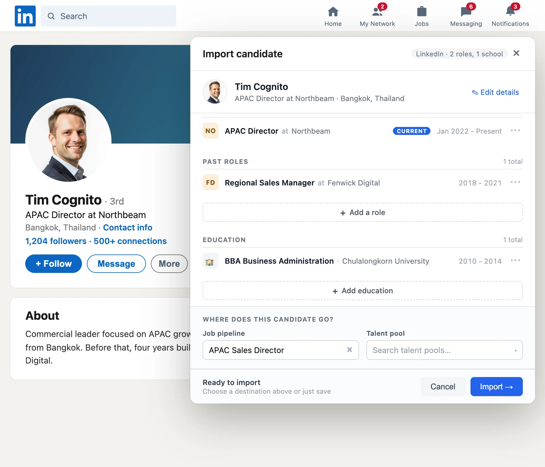 The Crumblelead browser extension open on a LinkedIn profile, ready to import the candidate into a pipeline